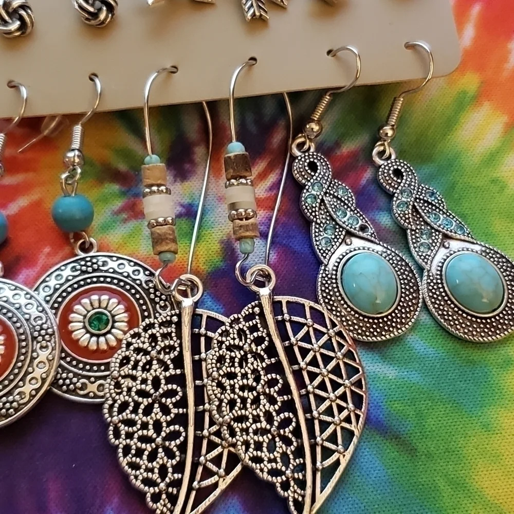 Nwt Silver Turquoise Boho Drop Dangle Earrings Stud Earrings Set of 6 - Picture 3 of 5